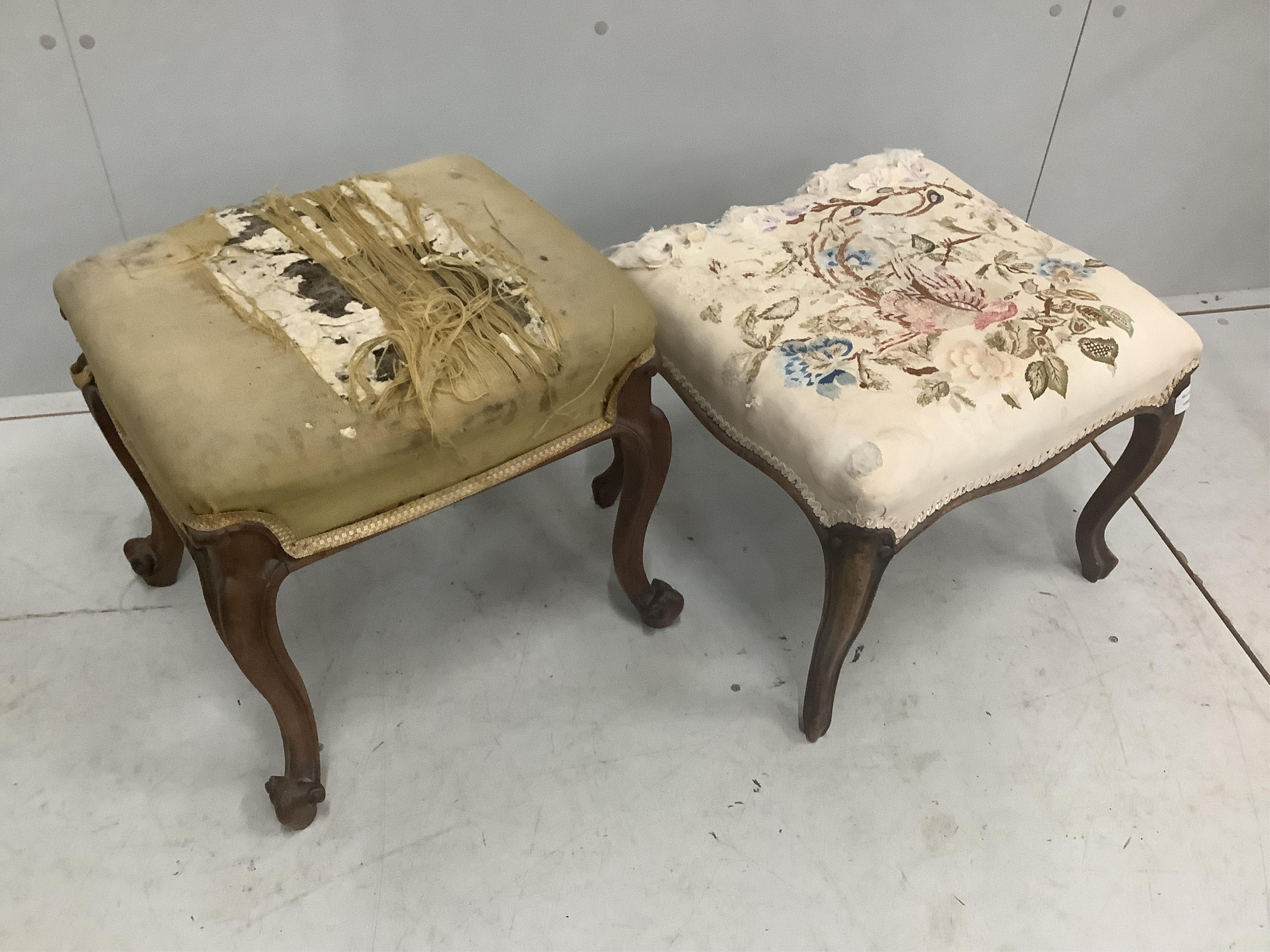 Two Victorian rosewood and mahogany dressing stools, largest width 42cm, height 42cm. Condition - fair, upholstery poor